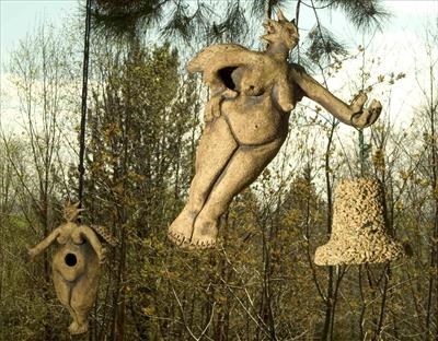 Hanging bird feeder and nest boxes